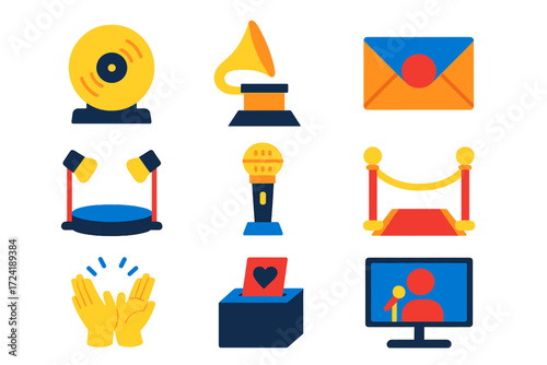 Music Awards Icons. Flat vector icons of music awards: gold record, award trophy, nomination envelope, spotlight stage, winner mic