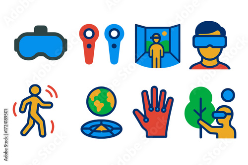Virtual Reality Icons. Flat vector icons of virtual reality games: VR headset, hand controllers, immersive room, virtual avatar,