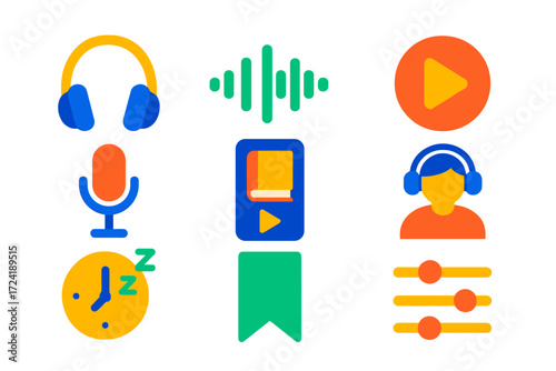 Audiobook Elements Icons. Flat vector icons of audiobook elements: headphones, audio waveform, play button, microphone, audiobook