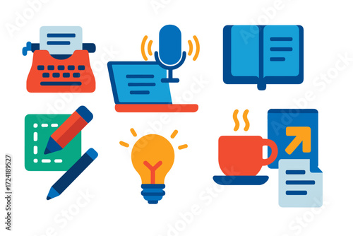 Authoring Tools Icons. Flat vector icons of authoring tools: typewriter, laptop with text, voice dictation, writing notebook,