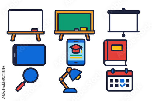 Vibrant Educational Icons. Flat vector icons of educational tools: whiteboard, chalkboard, projector screen, tablet device,
