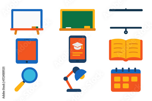 Vibrant Educational Icons. Flat vector icons of educational tools: whiteboard, chalkboard, projector screen, tablet device,