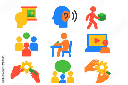 Flat Learning Icons. Flat vector icons of learning styles: visual learner, auditory learner, kinesthetic learner, reading/writing