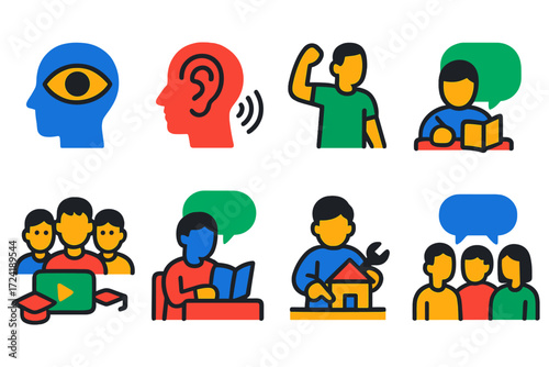 Flat Learning Icons. Flat vector icons of learning styles: visual learner, auditory learner, kinesthetic learner, reading/writing