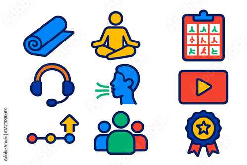 Yoga Course Icons. Flat vector icons of yoga instructor courses: yoga mat, meditating figure, pose chart, instructor microphone,