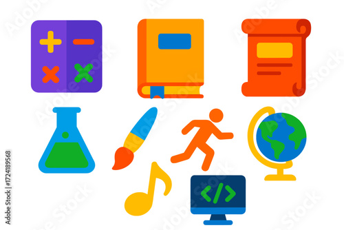 Vibrant School Subject Icons. Flat vector icons of school subjects: math symbols, literature book, science beaker, history scroll,