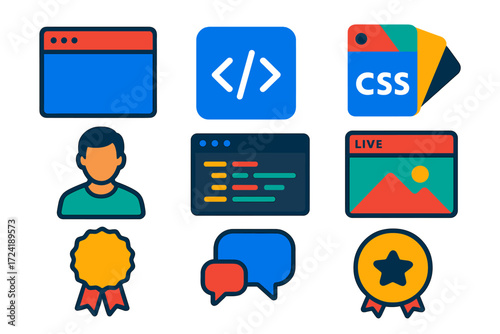 Web Development Icons. Flat vector icons of web development courses: browser window, HTML tag icon, CSS palette, JavaScript logo,