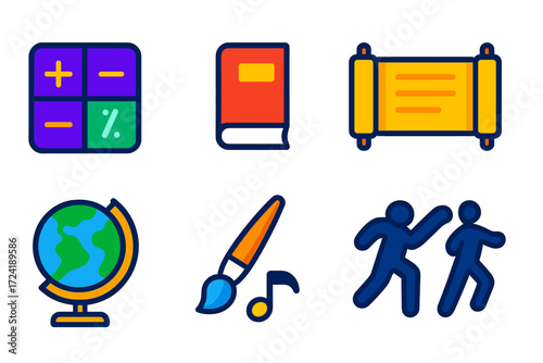 Vibrant School Subject Icons. Flat vector icons of school subjects: math symbols, literature book, science beaker, history scroll,