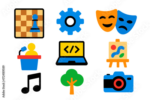 Vibrant Club Icons. Flat vector icons of extracurricular clubs: chess club board, robotics gear, drama mask, debate podium, coding