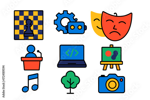 Vibrant Club Icons. Flat vector icons of extracurricular clubs: chess club board, robotics gear, drama mask, debate podium, coding