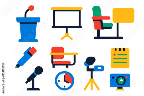 Lecture Hall Icons. Flat vector icons of lecture halls: podium mic, projector screen, lecture seat, whiteboard marker, student