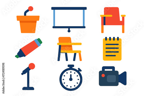 Lecture Hall Icons. Flat vector icons of lecture halls: podium mic, projector screen, lecture seat, whiteboard marker, student