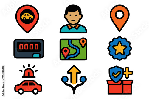 Colorful Rideshare Icons. Flat vector icons of ride-sharing apps: car pin, driver avatar, destination pin, fare meter, map route,