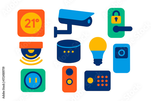 Smart Home Icons. Flat vector icons of smart home devices: smart thermostat, security camera, smart lock, motion sensor, voice