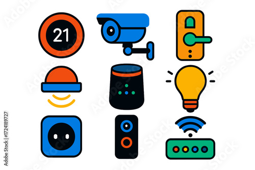 Smart Home Icons. Flat vector icons of smart home devices: smart thermostat, security camera, smart lock, motion sensor, voice