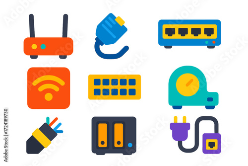 Networking Hardware Icons. Flat vector icons of networking hardware: router antenna, Ethernet cable, network switch, Wi-Fi access