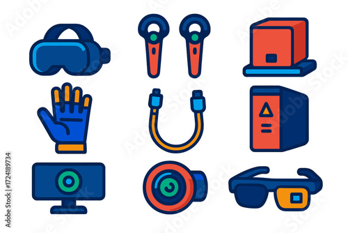 Virtual Reality Icons. Flat vector icons of virtual reality hardware: VR headset, motion controllers, base station, haptic gloves,