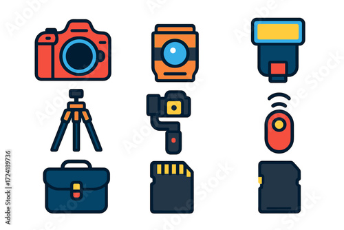 Camera Gear Icons. Flat vector icons of camera hardware: DSLR body, prime lens, zoom lens, flash unit, tripod, gimbal, remote