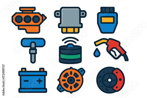 Automotive Hardware Icons. Flat vector icons of automotive hardware: engine block, ECU module, OBD scanner, tire pressure sensor,