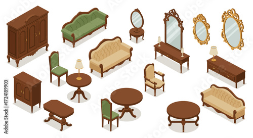 Elegant isometric vintage furniture collection with sofas, mirrors, tables, a…