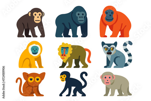 Vibrant Primate Icons. Flat vector icons of primates: chimpanzee, gorilla, orangutan, gibbon, baboon, lemur, tarsier, spider