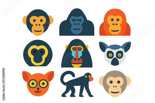 Vibrant Primate Icons. Flat vector icons of primates: chimpanzee, gorilla, orangutan, gibbon, baboon, lemur, tarsier, spider