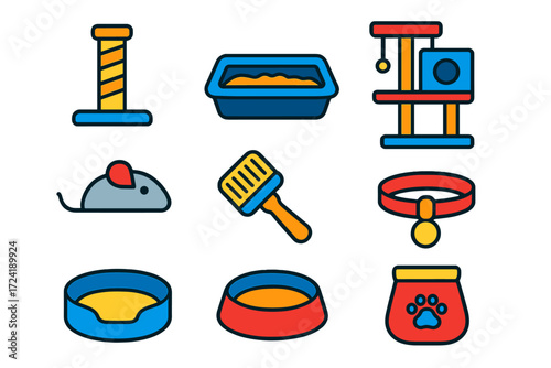 Modern Cat Accessory Icons. Flat vector icons of cat accessories: scratching post, litter box, food bowl, cat tree, toy mouse,