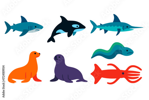 Ocean Predators Icons. Flat vector icons of ocean predators: shark, orca, barracuda, swordfish, sea lion, seal, manta ray, moray