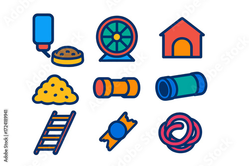 Rodent Cage Essentials Icons. Flat vector icons of rodent cage essentials: water bottle, food dish, exercise wheel, hideout house,