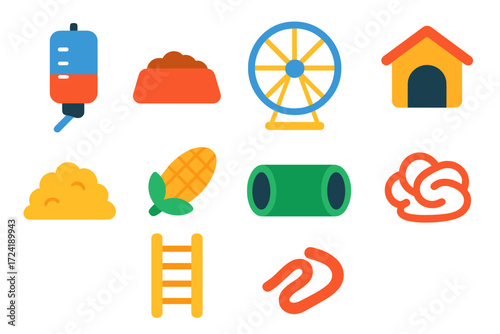 Rodent Cage Essentials Icons. Flat vector icons of rodent cage essentials: water bottle, food dish, exercise wheel, hideout house,