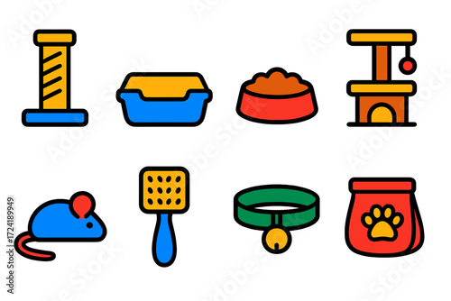 Modern Cat Accessory Icons. Flat vector icons of cat accessories: scratching post, litter box, food bowl, cat tree, toy mouse,