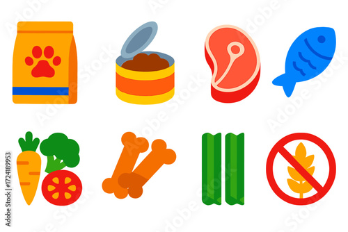 Flat Pet Food Icons. Flat vector icons of pet food varieties: kibble bag, canned food, raw meat steak, fish fillet, vegetable mix,