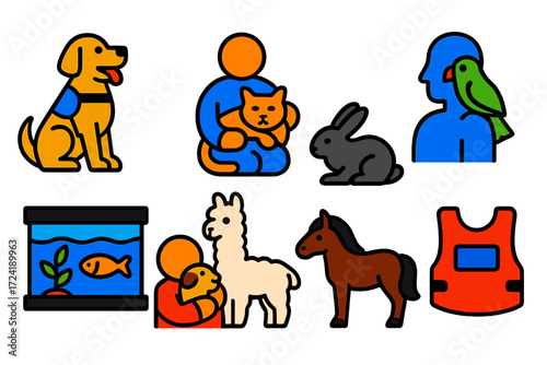 Therapy Animal Icons. Flat vector icons of therapy animals: therapy dog, cat in lap, rabbit petting, bird on shoulder, fish tank