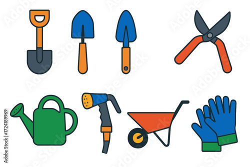Garden Tools Icons. Flat vector icons of garden tools: shovel, rake, trowel, pruning shears, watering can, hose nozzle,