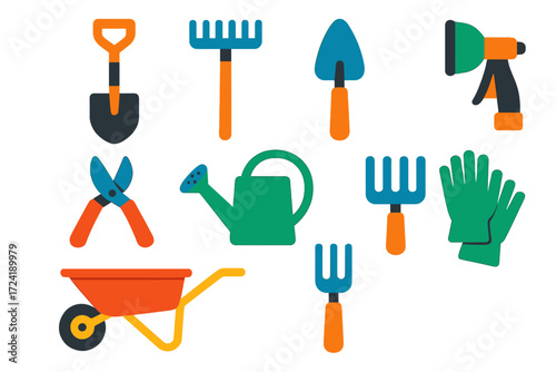 Garden Tools Icons. Flat vector icons of garden tools: shovel, rake, trowel, pruning shears, watering can, hose nozzle,