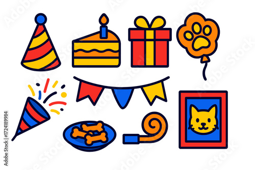 Pet Party Icons. Flat vector icons of pet birthday party: party hat, cake slice, gift box, paw balloon, confetti popper, banner,