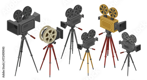 Vintage film cameras on tripods in isometric style