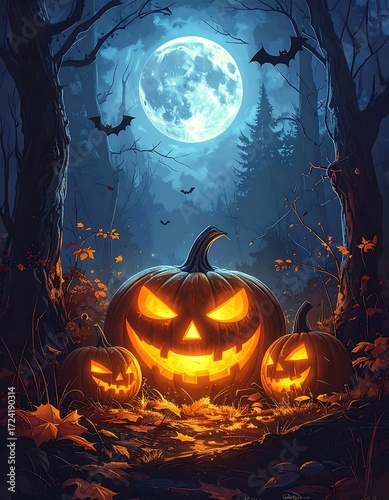Halloween pumpkins in a spooky forest under the moonlight