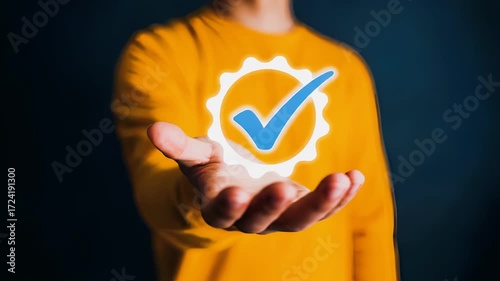 Man holds a guarantee badge with a checkmark, symbolizing quality and reliability in business