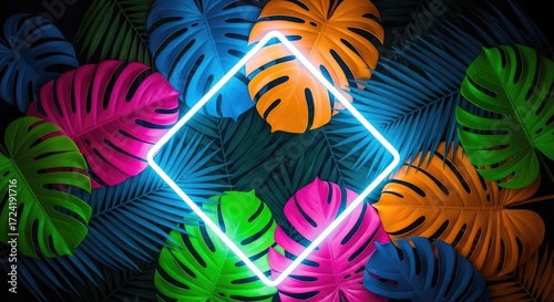 Creative Fluorescent Color Layout of Tropical Leaves with a Glowing Neon Light Square