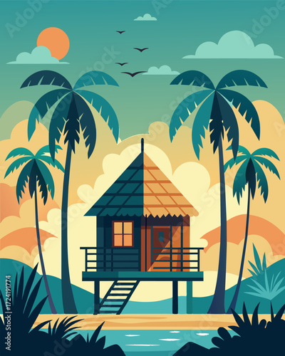 A charming bamboo cabin in a tropical location where the sounds of distant waves and rustling palm trees serve as background music for a productive workday.. Vector illustration