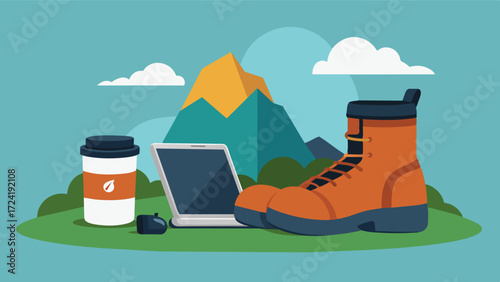 A pair of hiking boots rested on a boulder while nearby a laptop and coffee thermos awaited their owners return from a scenic trail.. Vector illustration