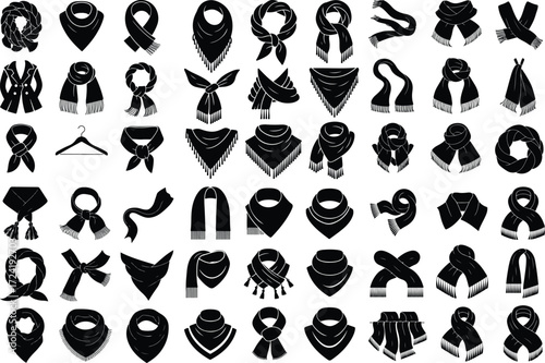 Scarf with Tassels Silhouette Icon Set Winter Fashion Scarf Tassel Vector Silhouettes