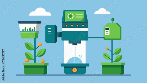 A demonstration of a smart fertilizer dispensers ability to automatically mix different types of fertilizers for a tailored nutrient blend.. Vector illustration