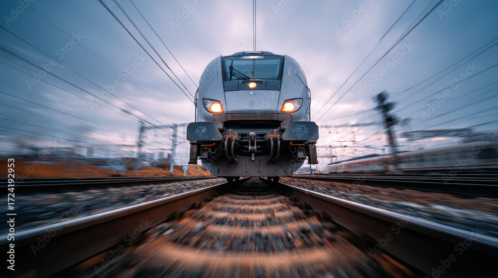 Naklejka premium Train approaching on railway tracks during twilight with blurred background and dynamic motion effects emphasizing speed and intensity of transportation scene.
