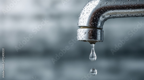 Shiny metal faucet with water droplets hanging from the spout against a blurred background, illustrating water conservation and plumbing maintenance practices.