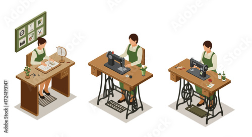 Isometric sewing workshop with vintage machines and crafting supplies