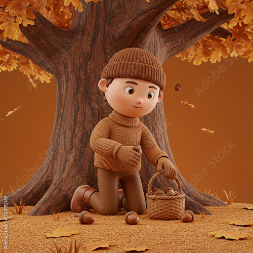 Young boy collecting acorns in autumn by a large oak tree  