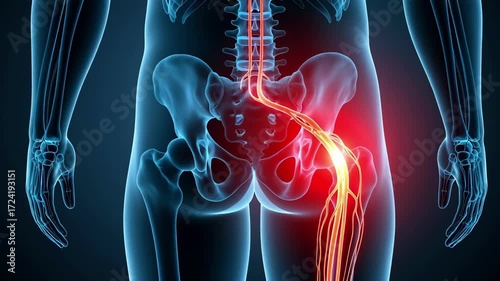 Sciatica pain relief animation showcasing inflamed nerve anatomy for medical education and health awareness campaigns with dynamic visual appeal