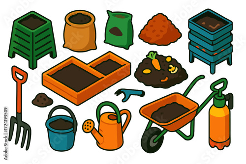 Garden Tools & Materials. Isometric vector illustration set Soil and Compost: compost bin, soil sack, fertilizer bag, mulch pile,